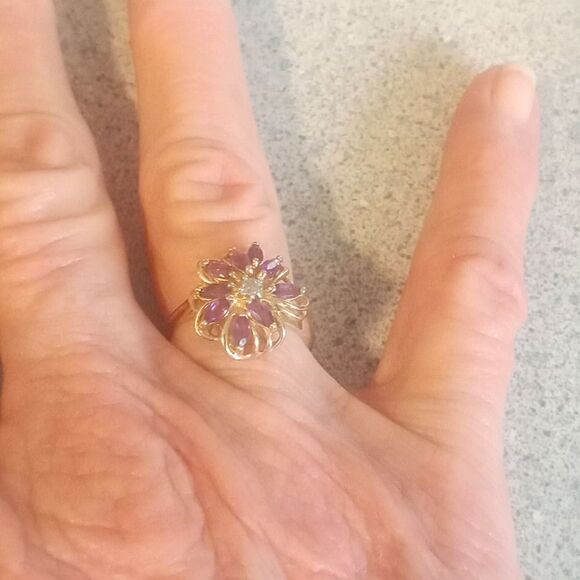 10k diamond and marquise cut amethyst ring size 7 - Picture 1 of 5
